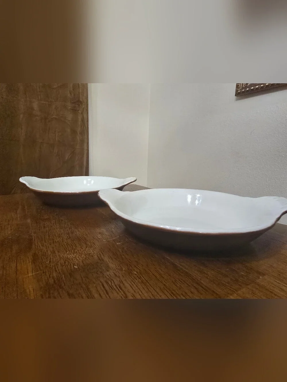Set of 2 VTG Hall China 433 Oval Scalloped Baker Dishes Brown White Diner Crocks
